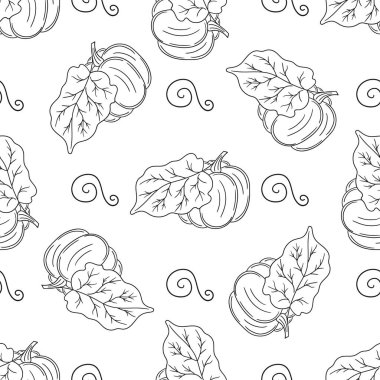 Balkabağım. Tekstil ya da mutfak için desen. Tek renkli sebze deseni elde çizim tarzında. Tasarım ve tekstil için yazdır