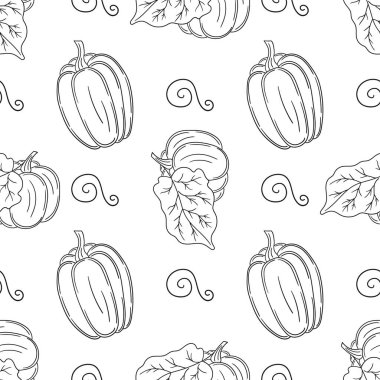 Balkabağım. Tekstil ya da mutfak için desen. Tek renkli sebze deseni elde çizim tarzında. Tasarım, tekstil, kumaş, duvar kağıdı, ambalaj için yazdır