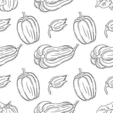 Balkabağım. Tekstil ya da mutfak için desen. Tek renkli sebze deseni elde çizim tarzında. Tasarım, tekstil, kumaş, duvar kağıdı, ambalaj kağıdı