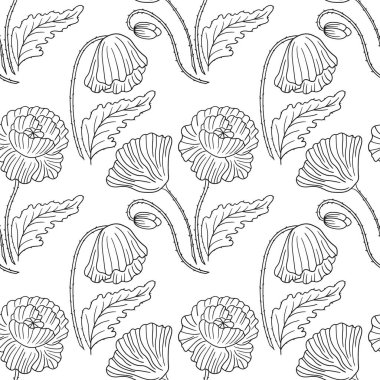 Haşhaş Tek renkli çiçek deseni elde çizim tarzında. Tekstil ya da mutfak için desen. Tasarım için yazdır