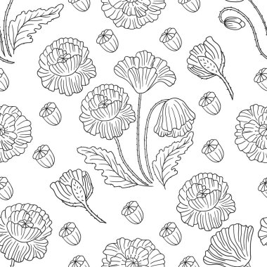 Haşhaş Tek renkli çiçek deseni elde çizim tarzında. Tekstil ya da mutfak için desen. Tasarım, tekstil, kumaş, duvar kağıdı için yazdır