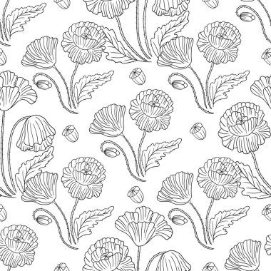 Haşhaş Tek renkli çiçek deseni elde çizim tarzında. Tekstil ya da mutfak için desen. Tasarım, tekstil, kumaş, duvar kağıdı, ambalaj kağıdı, dekorasyon