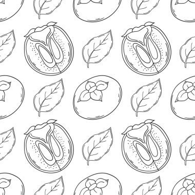 Hurma. Tekstil ya da mutfak için desen. Tek renkli meyve deseni elde çizim tarzında. Tekstil için Yazdır