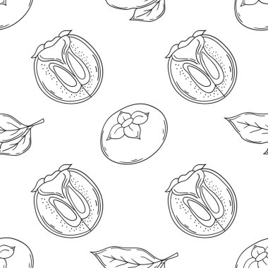 Hurma. Tekstil ya da mutfak için desen. Tek renkli meyve deseni elde çizim tarzında. Tasarım, tekstil, kumaş için yazdır