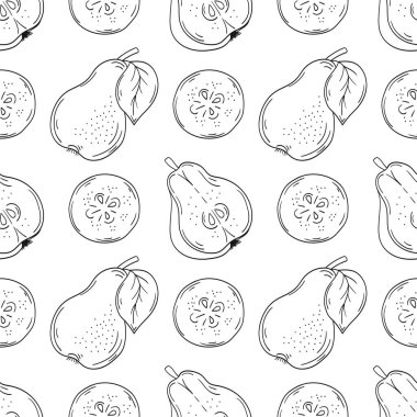Armut. Tekstil ya da mutfak için desen. Tek renkli meyve deseni elde çizim tarzında. Tasarım, tekstil, kumaş, duvar kağıdı, ambalaj için yazdır