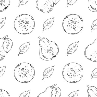 Armut. Tekstil ya da mutfak için desen. Tek renkli meyve deseni elde çizim tarzında. Tasarım, tekstil, kumaş, duvar kağıdı, ambalaj kağıdı, dekorasyon
