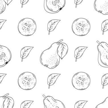 Armut. Tekstil ya da mutfak için desen. Tek renkli meyve deseni elde çizim tarzında. Tasarım, tekstil, kumaş, duvar kağıdı, ambalaj kağıdı, dekorasyon vesaire için yazdır