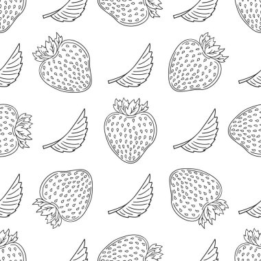 Tekstil ya da mutfak için desen. Çilekli. Tek renkli böğürtlen deseni elde çizim tarzında. Tasarım, tekstil, kumaş için yazdır