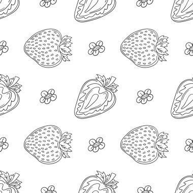 Tekstil ya da mutfak için desen. Çilekli. Tek renkli böğürtlen deseni elde çizim tarzında. Tasarım, tekstil, kumaş, duvar kağıdı, ambalaj için yazdır