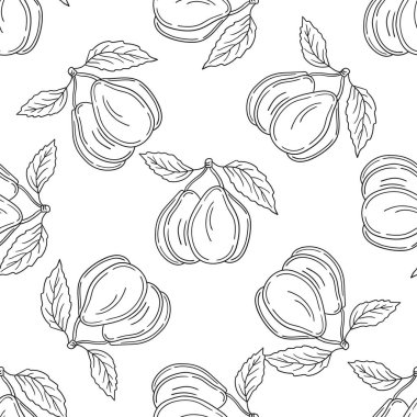 Tekstil ya da mutfak için desen. Erik. Elinde kusursuz meyve deseni var. Tasarım, tekstil, kumaş için yazdır