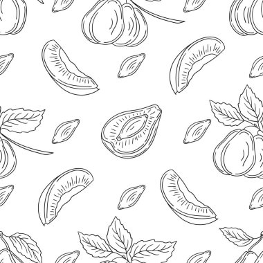 Tekstil ya da mutfak için desen. Erik. Tek renkli meyve deseni elde çizim tarzında. Tasarım, tekstil, kumaş, duvar kağıdı, ambalaj kağıdı, dekorasyon