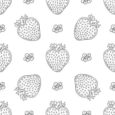 Tekstil ya da mutfak için desen. Çilekli. Tek renkli böğürtlen deseni elde çizim tarzında. Tasarım, tekstil, kumaş, duvar kağıdı için yazdır