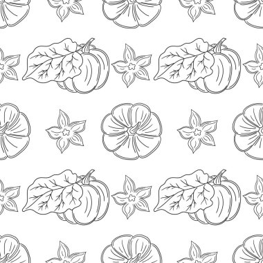 Tekstil ya da mutfak için desen. Balkabağım. Tek renkli sebze deseni elde çizim tarzında. Tasarım, tekstil, kumaş, duvar kağıdı, ambalaj için yazdır