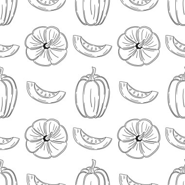 Tekstil ya da mutfak için desen. Balkabağım. Tek renkli sebze deseni elde çizim tarzında. Tasarım, tekstil, kumaş, duvar kağıdı için yazdır