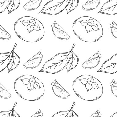 Tekstil ya da mutfak için desen. Hurma. Tek renkli meyve deseni elde çizim tarzında. Tasarım, tekstil, kumaş, duvar kağıdı, ambalaj kağıdı, dekorasyon