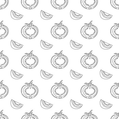 Tekstil ya da mutfak için desen. Tek renkli sebze deseni elde çizim tarzında. Domates. Tasarım, tekstil, kumaş, duvar kağıdı, ambalaj kağıdı