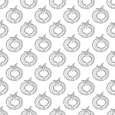 Tekstil ya da mutfak için desen. Tek renkli sebze deseni elde çizim tarzında. Domates. Tasarım, tekstil, kumaş, duvar kağıdı, ambalaj kağıdı, dekorasyon