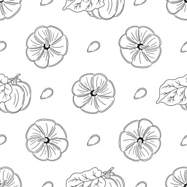 Tekstil ya da mutfak için desen. Tek renkli sebze deseni elde çizim tarzında. Balkabağım. Tasarım ve tekstil için yazdır