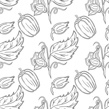 Tekstil ya da mutfak için desen. Tek renkli sebze deseni elde çizim tarzında. Balkabağım. Tasarım, tekstil, kumaş, duvar kağıdı, ambalaj için yazdır