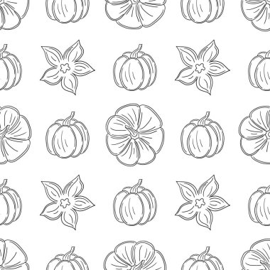 Tekstil ya da mutfak için desen. Tek renkli sebze deseni elde çizim tarzında. Balkabağım. Tasarım, tekstil, kumaş, duvar kağıdı, ambalaj kağıdı
