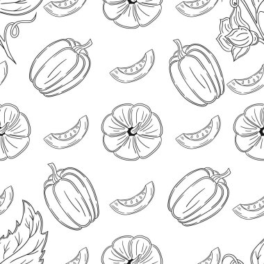 Tekstil ya da mutfak için desen. Tek renkli sebze deseni elde çizim tarzında. Balkabağım. Tasarım, tekstil, kumaş, duvar kağıdı, ambalaj kağıdı, dekorasyon vesaire için yazdır