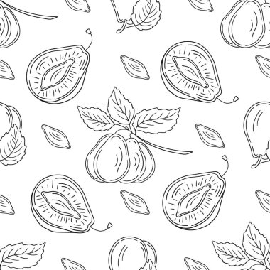 Tekstil ya da mutfak için desen. Tek renkli meyve deseni elde çizim tarzında. Erik.