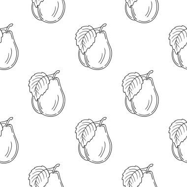 Tekstil ya da mutfak için desen. Tek renkli meyve deseni elde çizim tarzında. Erik. Tasarım, tekstil, kumaş için yazdır