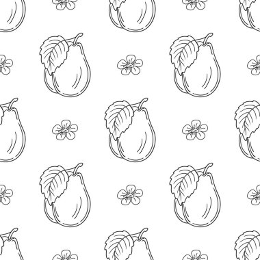 Tekstil ya da mutfak için desen. Tek renkli meyve deseni elde çizim tarzında. Erik. Tasarım, tekstil, kumaş, duvar kağıdı için yazdır