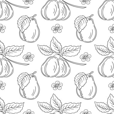 Tekstil ya da mutfak için desen. Tek renkli meyve deseni elde çizim tarzında. Erik. Tasarım, tekstil, kumaş, duvar kağıdı, ambalaj için yazdır