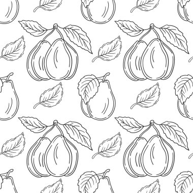 Tekstil ya da mutfak için desen. Tek renkli meyve deseni elde çizim tarzında. Erik. Tasarım, tekstil, kumaş, duvar kağıdı, ambalaj kağıdı