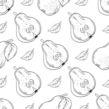 Tekstil ya da mutfak için desen. Tek renkli meyve deseni elde çizim tarzında. Armut. Tasarım için yazdır