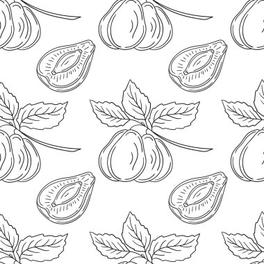 Tekstil ya da mutfak tarzı. Erik. Tek renkli meyve deseni. Tasarım, tekstil, kumaş, duvar kağıdı, ambalaj için yazdır