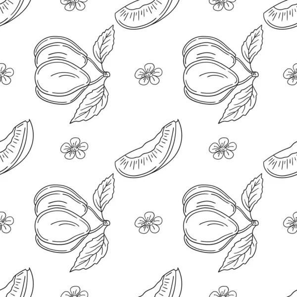 Tekstil ya da mutfak için desen. Erik. Tek renkli meyve deseni elde çizim tarzında. Tasarım, tekstil, kumaş, duvar kağıdı, ambalaj için yazdır