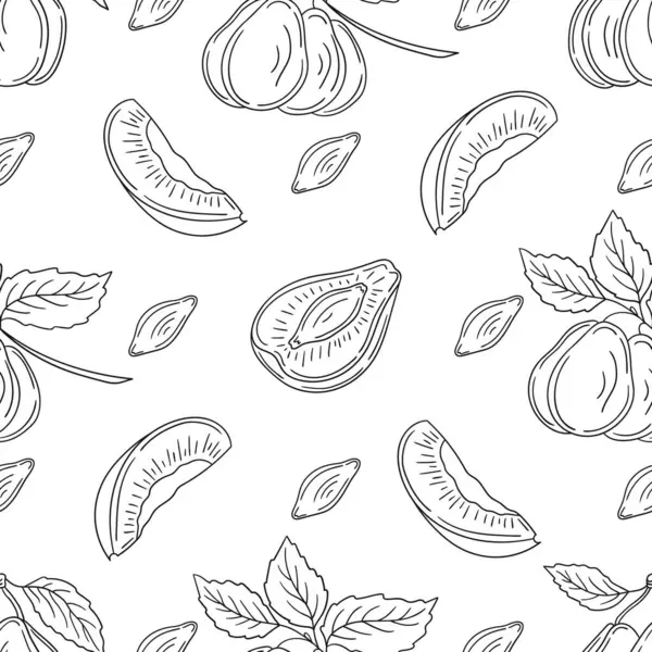 Tekstil ya da mutfak için desen. Erik. Tek renkli meyve deseni elde çizim tarzında. Tasarım, tekstil, kumaş, duvar kağıdı, ambalaj kağıdı, dekorasyon