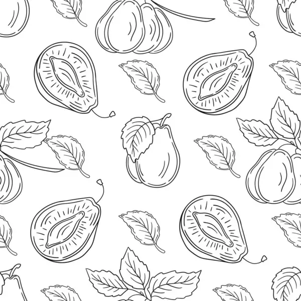 Tekstil ya da mutfak için desen. Tek renkli meyve deseni elde çizim tarzında. Erik. Tasarım, tekstil, kumaş, duvar kağıdı, ambalaj kağıdı, dekorasyon vesaire için yazdır