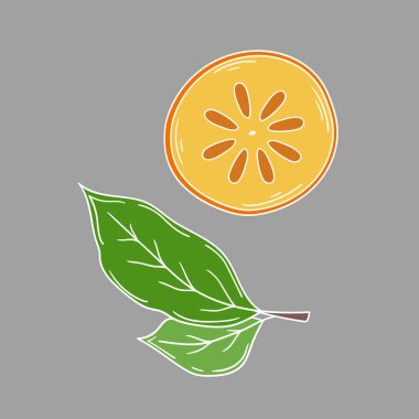 Sevimli meyve çizimi tarzı. Gri arka planda hurma. Beyaz taslak. Kartpostallar, el ilanları, afişler için tasarım. Simge, imzala