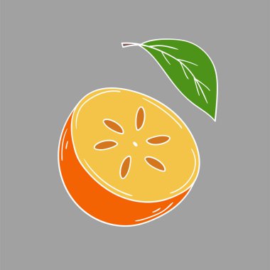 Sevimli meyve çizimi tarzı. Gri arka planda hurma. Beyaz taslak. Kartpostallar, el ilanları, afişler için tasarım. Simge, imza, çıkartma, iğne