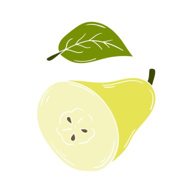 Sevimli meyve çizimi tarzı. Beyaz arka planda armut. Beyaz taslak. Kartpostallar, el ilanları, afişler için tasarım. Simge, imzala