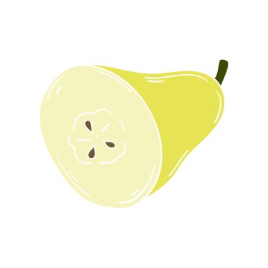 Sevimli meyve çizimi tarzı. Beyaz arka planda armut. Beyaz taslak. Kartpostallar, el ilanları, afişler için tasarım. Simge, işaret, etiket, iğne, logo