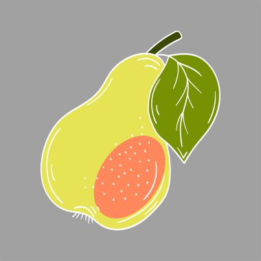 Sevimli meyve çizimi tarzı. Gri arka planda armut. Beyaz taslak. Tasarım