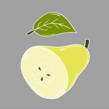 Sevimli meyve çizimi tarzı. Gri arka planda armut. Beyaz taslak. Kartpostallar, el ilanları, afişler için tasarım. Simge, imzala