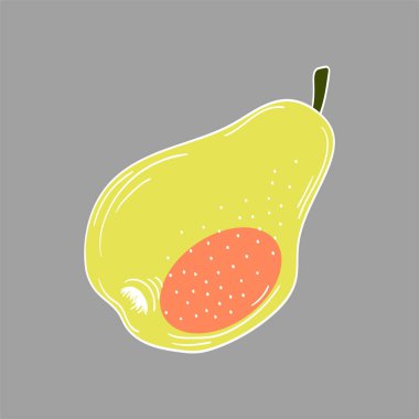 Sevimli meyve çizimi tarzı. Gri arka planda armut. Beyaz taslak. Kartpostallar, el ilanları, afişler için tasarım. Simge