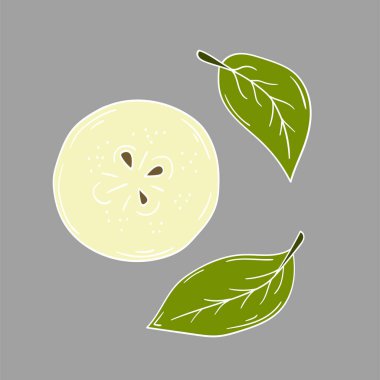 Sevimli meyve çizimi tarzı. Gri arka planda armut. Beyaz taslak. Kartpostallar, el ilanları, afişler için tasarım. Simge, imza, çıkartma, iğne