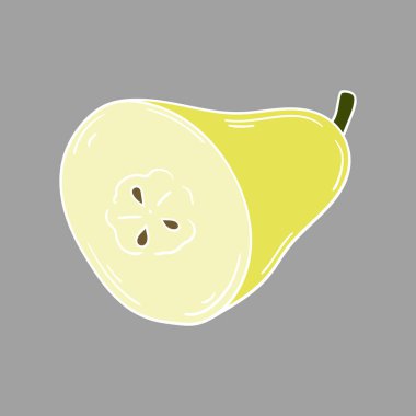 Sevimli meyve çizimi tarzı. Gri arka planda armut. Beyaz taslak. Kartpostallar, el ilanları, afişler için tasarım. Simge, işaret, etiket, iğne, logo