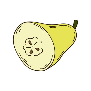 Sevimli meyve çizimi tarzı. Beyaz arka planda armut simgesi. Kartpostallar, el ilanları, afişler için tasarım. Simge, işaret, etiket, iğne, logo