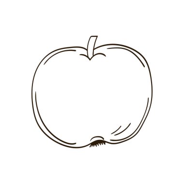 Sevimli meyve çizimi tarzı. Tek renkli olsun. Beyaz arkaplanda elma simgesi. Boyama kitapları, çocuk eğitim oyunları için tasarlandı. Simge, işaret, etiket, iğne, logo