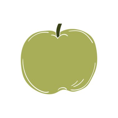 Sevimli meyve çizimi tarzı. Beyaz arkaplanda yeşil elma simgesi. Beyaz taslak. Kartpostallar, el ilanları, afişler için tasarım. Simge