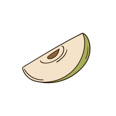 Sevimli meyve çizimi tarzı. Beyaz arkaplanda yeşil elma simgesi. Kartpostallar, el ilanları, afişler için tasarım. Simge, imza, etiket