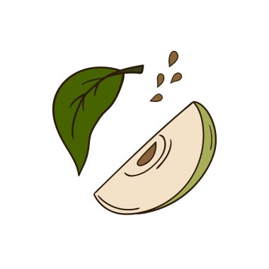 Sevimli meyve çizimi tarzı. Beyaz arkaplanda yeşil elma simgesi. Kartpostallar, el ilanları, afişler için tasarım. Simge, işaret, etiket, iğne, logo