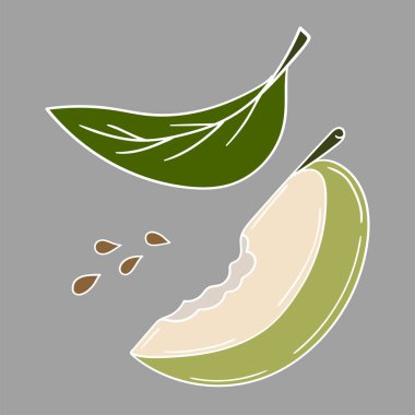 Sevimli meyve çizimi tarzı. Gri arkaplanda yeşil elma simgesi. Beyaz taslak. Kartpostallar, el ilanları, afişler için tasarım